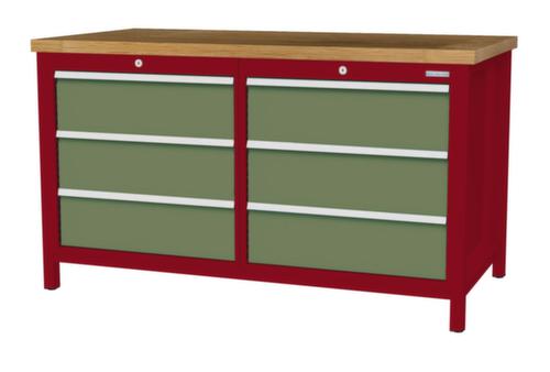 Bedrunka + Hirth Werkbank met blad van massief beuken en frame in vele kleuren, 6 lades