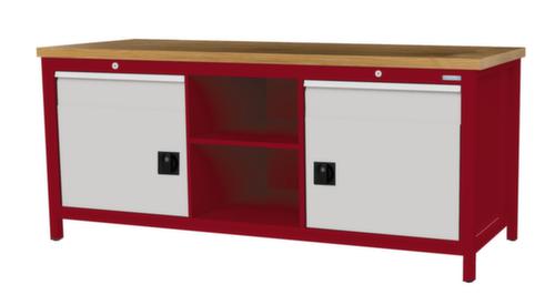 Bedrunka + Hirth Werkbank met blad van massief beuken en frame in vele kleuren, 2 laden, 2 kasten, 2 legborden