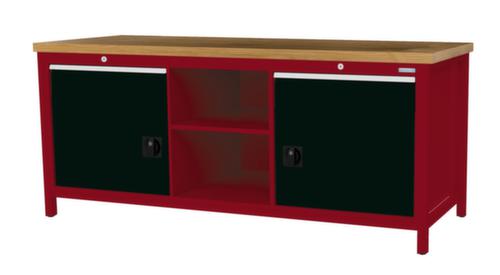 Bedrunka + Hirth Werkbank met blad van massief beuken en frame in vele kleuren, 2 laden, 2 kasten, 2 legborden