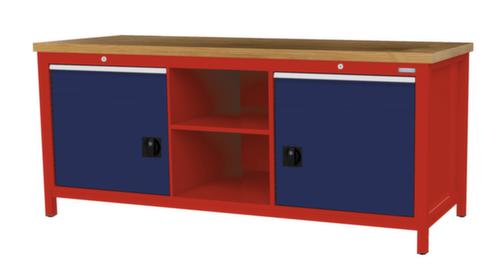 Bedrunka + Hirth Werkbank met blad van massief beuken en frame in vele kleuren, 2 laden, 2 kasten, 2 legborden