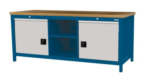 Bedrunka + Hirth Werkbank met blad van massief beuken en frame in vele kleuren, 2 laden, 2 kasten, 2 legborden