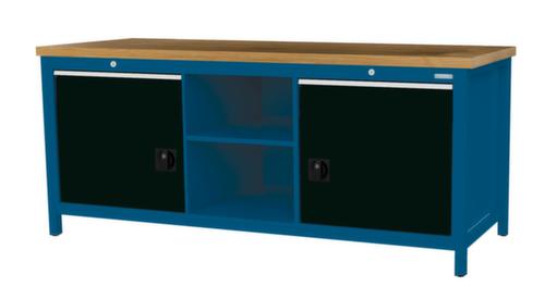 Bedrunka + Hirth Werkbank met blad van massief beuken en frame in vele kleuren, 2 laden, 2 kasten, 2 legborden