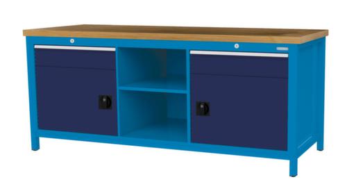 Bedrunka + Hirth Werkbank met blad van massief beuken en frame in vele kleuren, 2 laden, 2 kasten, 2 legborden