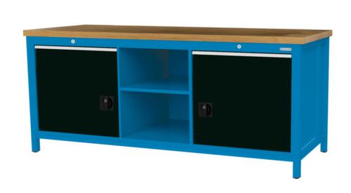 Bedrunka + Hirth Werkbank met blad van massief beuken en frame in vele kleuren, 2 laden, 2 kasten, 2 legborden