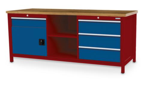 Bedrunka + Hirth Werkbank met blad van massief beuken en frame in vele kleuren, 3 laden, 1 kast, 2 legborden