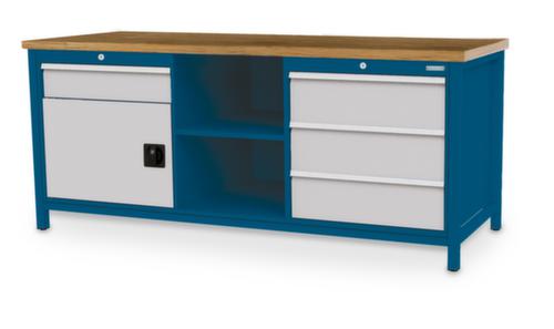 Bedrunka + Hirth Werkbank met blad van massief beuken en frame in vele kleuren, 3 laden, 1 kast, 2 legborden