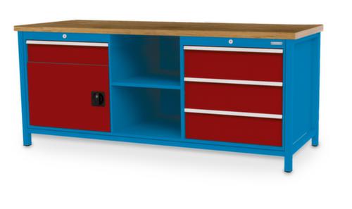 Bedrunka + Hirth Werkbank met blad van massief beuken en frame in vele kleuren, 3 laden, 1 kast, 2 legborden