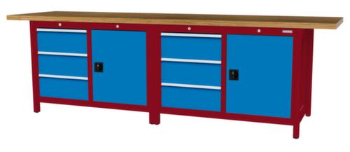 Bedrunka + Hirth Werkbank met blad van massief beuken en frame in vele kleuren, 6 laden, 2 kasten