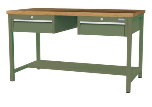 Bedrunka + Hirth Werkbank met blad van massief beuken en frame in vele kleuren, 2 laden, 1/2 legbord