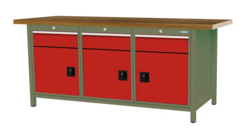 Bedrunka + Hirth Werkbank met blad van massief beuken en frame in vele kleuren, 3 laden, 3 kasten