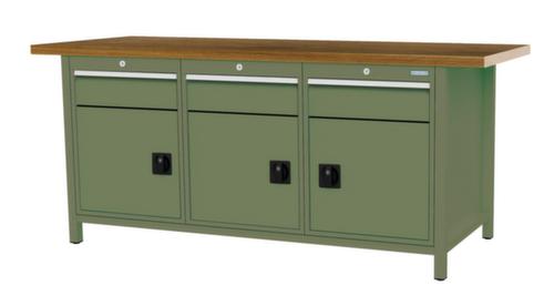 Bedrunka + Hirth Werkbank met blad van massief beuken en frame in vele kleuren, 3 laden, 3 kasten