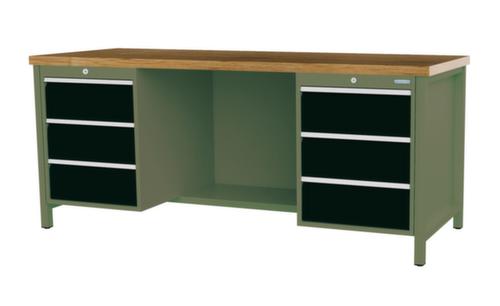 Bedrunka + Hirth Werkbank met blad van massief beuken en frame in vele kleuren, 6 laden, 1/2 legbord