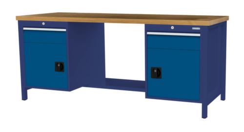 Bedrunka + Hirth Werkbank met blad van massief beuken en frame in vele kleuren, 2 laden, 2 kasten, 1/2 legbord