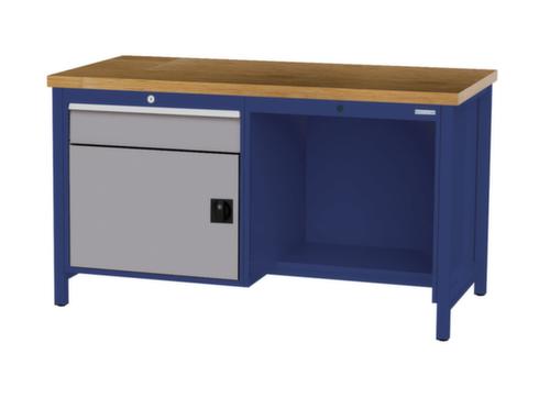Bedrunka + Hirth Werkbank met blad van massief beuken en frame in vele kleuren, 1 lade, 1 kast, 1/2 legbord