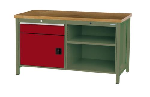 Bedrunka + Hirth Werkbank met blad van massief beuken en frame in vele kleuren, 1 lade, 1 kast, 2 legborden