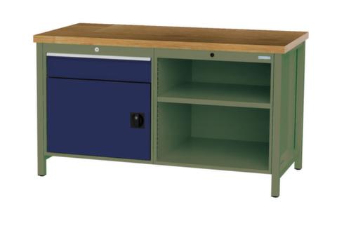 Bedrunka + Hirth Werkbank met blad van massief beuken en frame in vele kleuren, 1 lade, 1 kast, 2 legborden