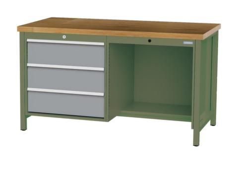 Bedrunka + Hirth Werkbank met blad van massief beuken en frame in vele kleuren, 3 laden, 1/2 legbord