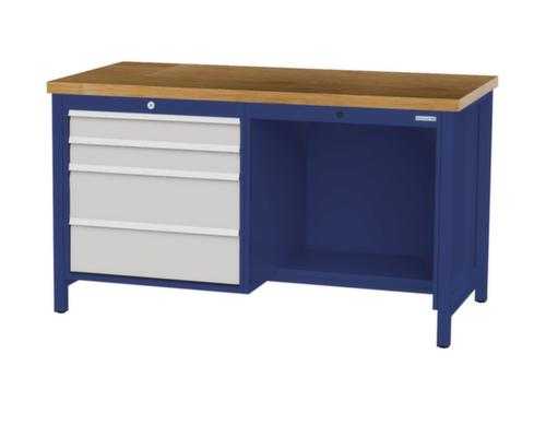 Bedrunka + Hirth Werkbank met blad van massief beuken en frame in vele kleuren, 4 laden, 1/2 legbord