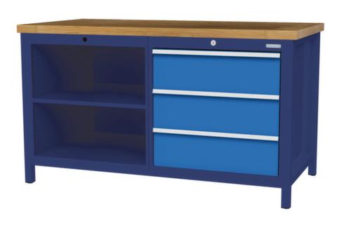 Bedrunka + Hirth Werkbank met blad van massief beuken en frame in vele kleuren, 3 laden, 2 legborden