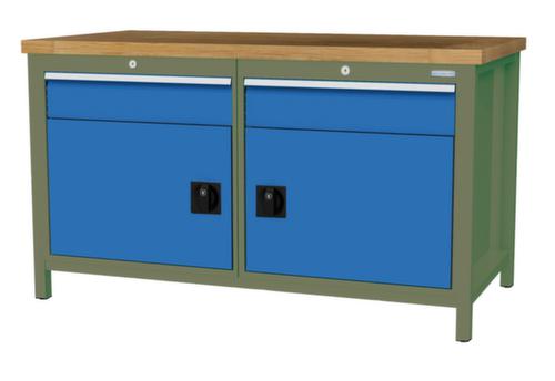 Bedrunka + Hirth Werkbank met blad van massief beuken en frame in vele kleuren, 2 laden, 2 kasten