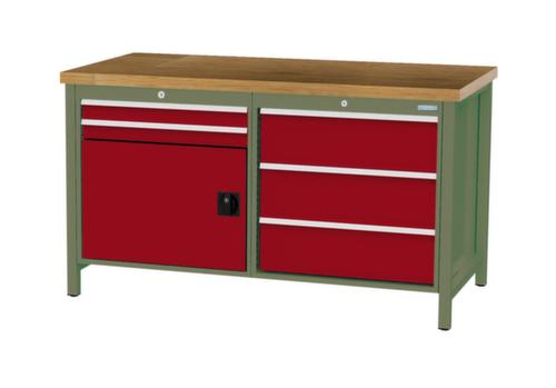 Bedrunka + Hirth Werkbank met blad van massief beuken en frame in vele kleuren, 5 laden, 1 kast