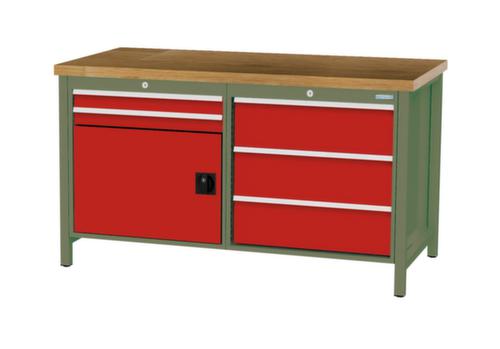 Bedrunka + Hirth Werkbank met blad van massief beuken en frame in vele kleuren, 5 laden, 1 kast