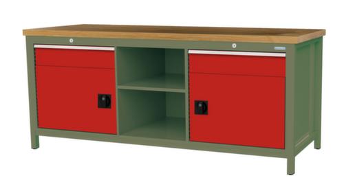 Bedrunka + Hirth Werkbank met blad van massief beuken en frame in vele kleuren, 2 laden, 2 kasten, 2 legborden