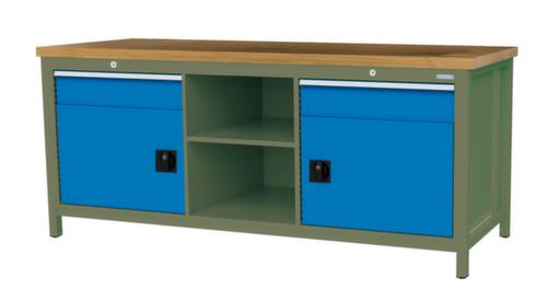 Bedrunka + Hirth Werkbank met blad van massief beuken en frame in vele kleuren, 2 laden, 2 kasten, 2 legborden