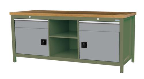 Bedrunka + Hirth Werkbank met blad van massief beuken en frame in vele kleuren, 2 laden, 2 kasten, 2 legborden