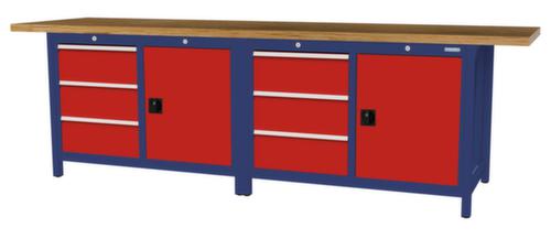 Bedrunka + Hirth Werkbank met blad van massief beuken en frame in vele kleuren, 6 laden, 2 kasten