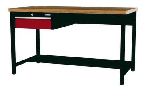 Bedrunka + Hirth Werkbank met blad van massief beuken en frame in vele kleuren, 1 lade, 1/2 legbord