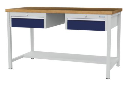 Bedrunka + Hirth Werkbank met blad van massief beuken en frame in vele kleuren, 2 laden, 1/2 legbord