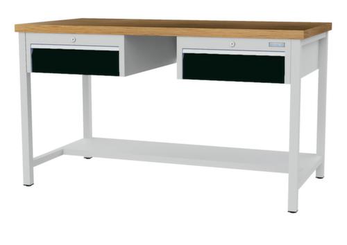 Bedrunka + Hirth Werkbank met blad van massief beuken en frame in vele kleuren, 2 laden, 1/2 legbord