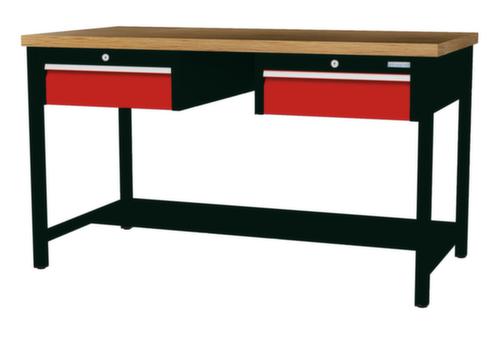 Bedrunka + Hirth Werkbank met blad van massief beuken en frame in vele kleuren, 2 laden, 1/2 legbord