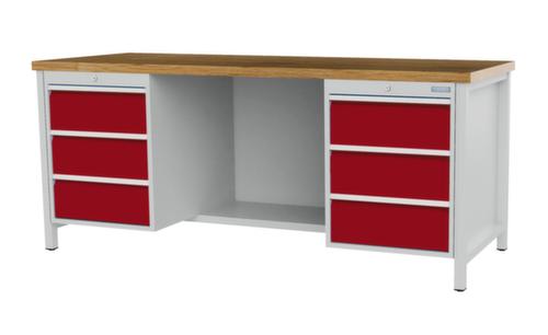 Bedrunka + Hirth Werkbank met blad van massief beuken en frame in vele kleuren, 6 laden, 1/2 legbord