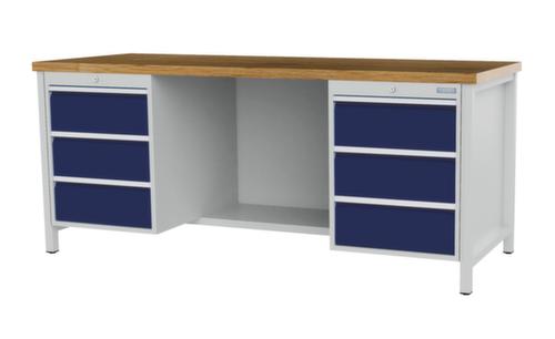 Bedrunka + Hirth Werkbank met blad van massief beuken en frame in vele kleuren, 6 laden, 1/2 legbord