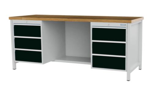 Bedrunka + Hirth Werkbank met blad van massief beuken en frame in vele kleuren, 6 laden, 1/2 legbord