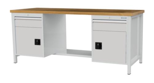 Bedrunka + Hirth Werkbank met blad van massief beuken en frame in vele kleuren, 2 laden, 2 kasten, 1/2 legbord