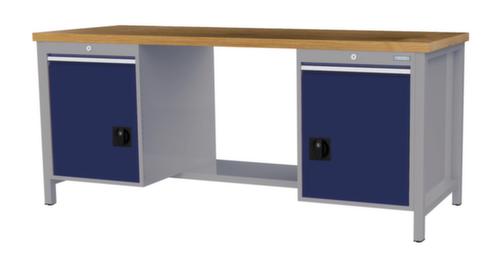 Bedrunka + Hirth Werkbank met blad van massief beuken en frame in vele kleuren, 2 laden, 2 kasten, 1/2 legbord