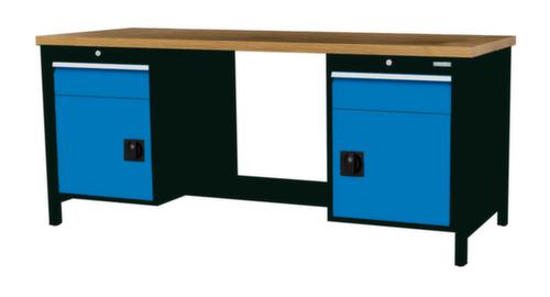 Bedrunka + Hirth Werkbank met blad van massief beuken en frame in vele kleuren, 2 laden, 2 kasten, 1/2 legbord