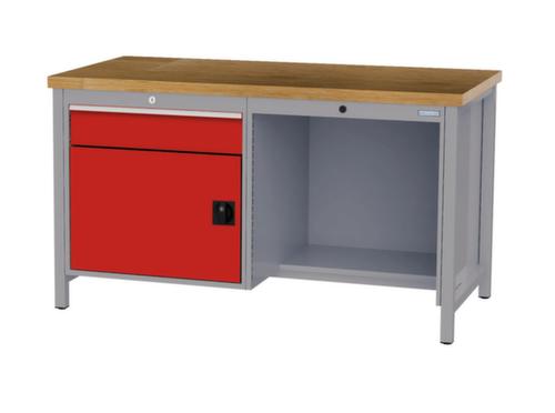 Bedrunka + Hirth Werkbank met blad van massief beuken en frame in vele kleuren, 1 lade, 1 kast, 1/2 legbord