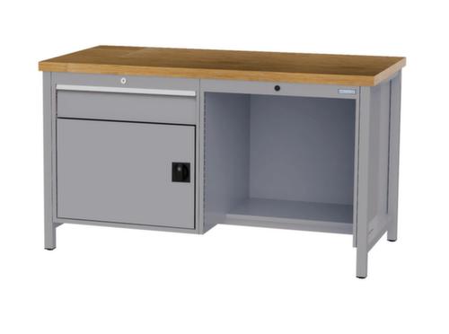 Bedrunka + Hirth Werkbank met blad van massief beuken en frame in vele kleuren, 1 lade, 1 kast, 1/2 legbord