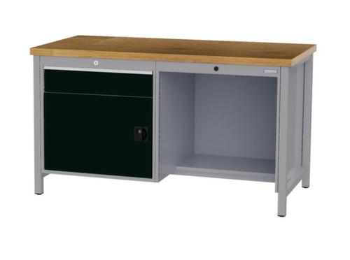 Bedrunka + Hirth Werkbank met blad van massief beuken en frame in vele kleuren, 1 lade, 1 kast, 1/2 legbord