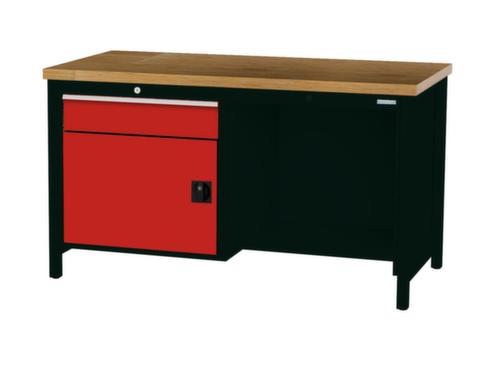 Bedrunka + Hirth Werkbank met blad van massief beuken en frame in vele kleuren, 1 lade, 1 kast, 1/2 legbord
