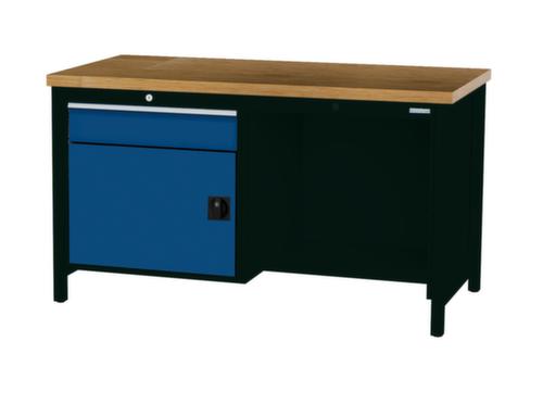 Bedrunka + Hirth Werkbank met blad van massief beuken en frame in vele kleuren, 1 lade, 1 kast, 1/2 legbord