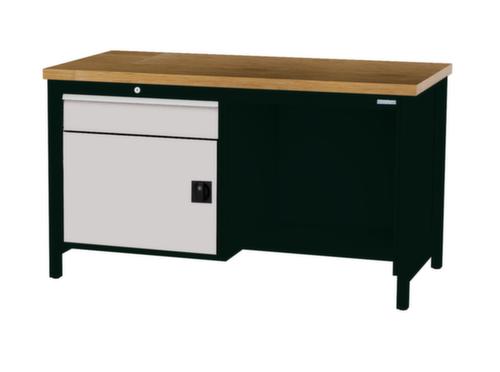 Bedrunka + Hirth Werkbank met blad van massief beuken en frame in vele kleuren, 1 lade, 1 kast, 1/2 legbord