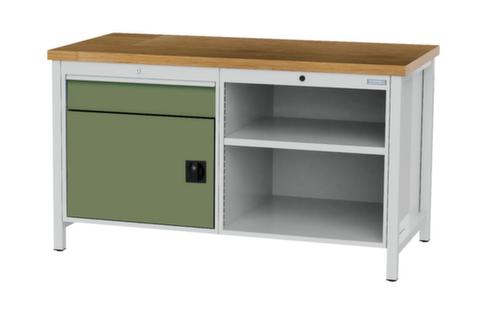 Bedrunka + Hirth Werkbank met blad van massief beuken en frame in vele kleuren, 1 lade, 1 kast, 2 legborden