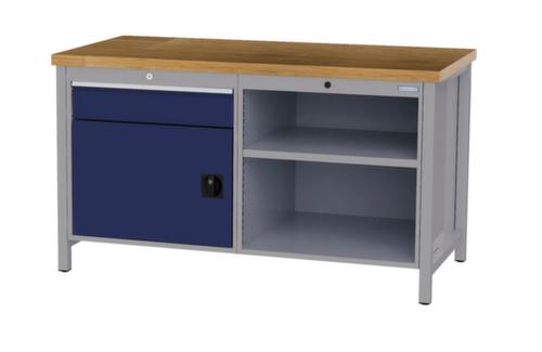 Bedrunka + Hirth Werkbank met blad van massief beuken en frame in vele kleuren, 1 lade, 1 kast, 2 legborden