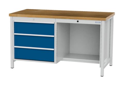 Bedrunka + Hirth Werkbank met blad van massief beuken en frame in vele kleuren, 3 laden, 1/2 legbord