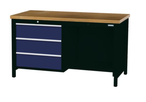 Bedrunka + Hirth Werkbank met blad van massief beuken en frame in vele kleuren, 3 laden, 1/2 legbord